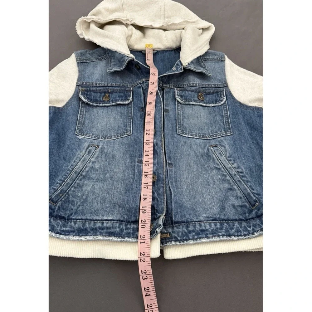 Free People Jacket Womens Size Large Blue Denim Knit Hooded Layered Jean Boho - Picture 6 of 12